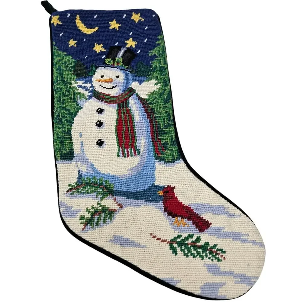 Vintage 80s Needlepoint Christmas Stocking Snowman Traditional Green Velvet